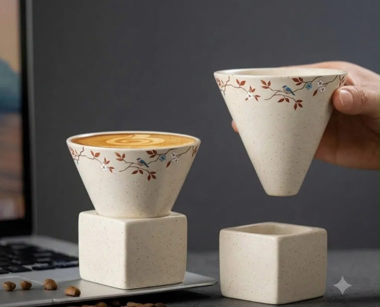 A ceramic pour-over coffee set with a conical dripper, a square base, and a hand holding the dripper above the base, shown on a dark tabletop with a laptop in the background.